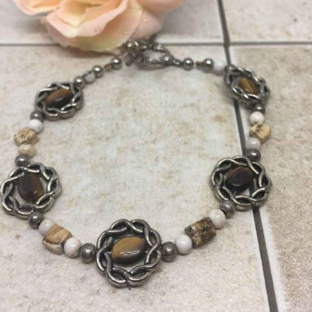 Tiger-eye, Jasper and Tibetan Silver Bracelet